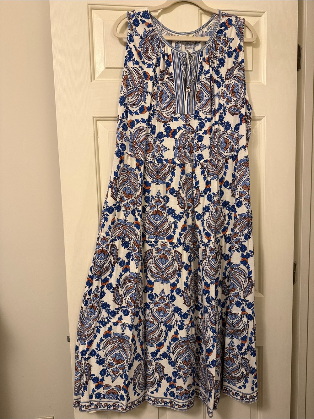 Max Studio White Maxi Dress with Blue and Brown Paisley Print